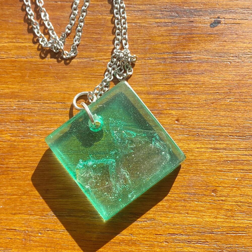 Translucent Teal Resin Square Pendant Natural Mica Mountain Pendant